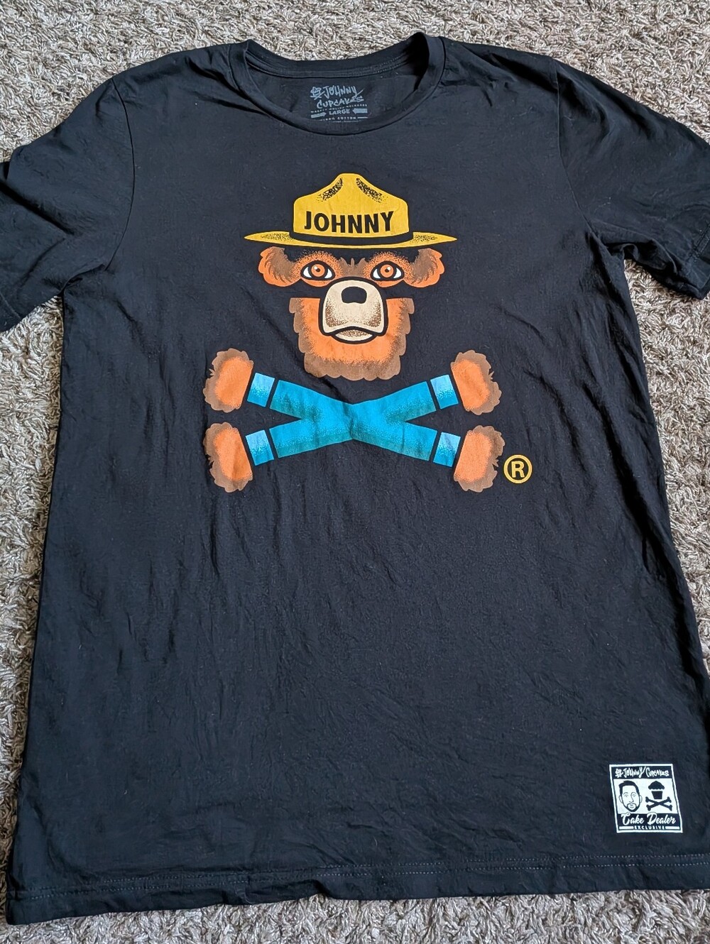 Johnny Cupcakes Black Smokey Bear Graphic Cotton Logo Shirt Men's L